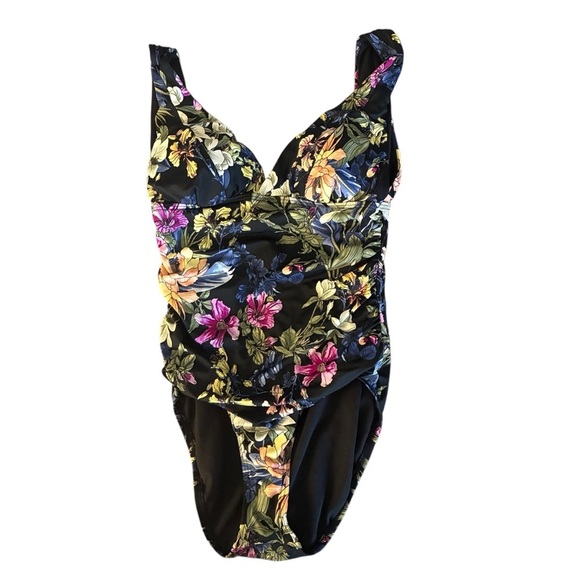 Time and Tru Black Floral One Piece Full Coverage Deep Dive Swim Suit Medium - Picture 3 of 5